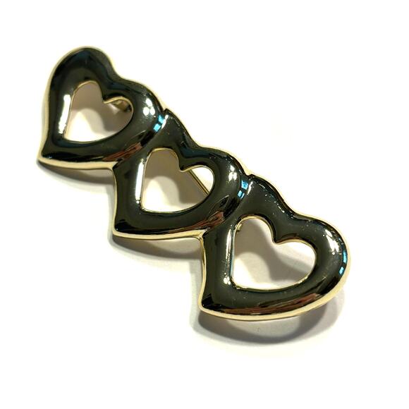 Gold triple hearts brooch mod vintage Y2K shapely heart motif love gift pin - Picture 6 of 6